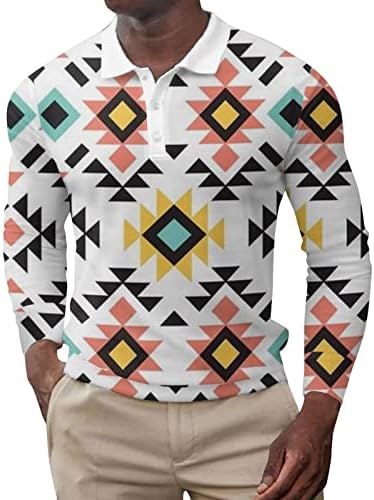 XXBR машки поло маички со долги ракави предни плочки копче Хенли кошула Ретро етнички ацтеки геометриски печати за секојдневни врвови