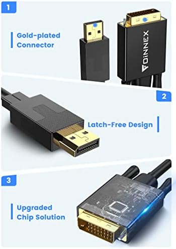Foinnex DisplayPort до DVI кабелот, DP Display Port до DVI кабел, DP до DVI-D 6FT до 1080p@60Hz, компатибилен со Lenovo, Dell, HP, Monitor