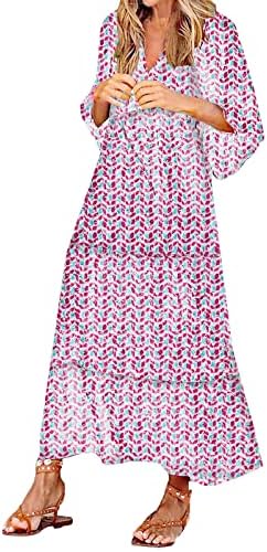 Bingyelh женски лето бохо макси фустан долг ракав против вратот со високи нивоа на половината на забавата проточна долга фустани 2023 фустан