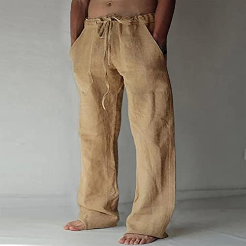 Менс летни памучни постелнини панталони Еластични половини за влечење лабави џебови Панталони Обични лесни активни еластични