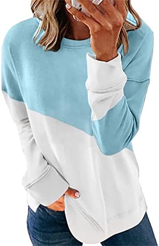 Жени Со Долги Ракави Блок Во Боја Пуловер Кружни Врвови Обични Лабави Дуксери Кошули Блузи