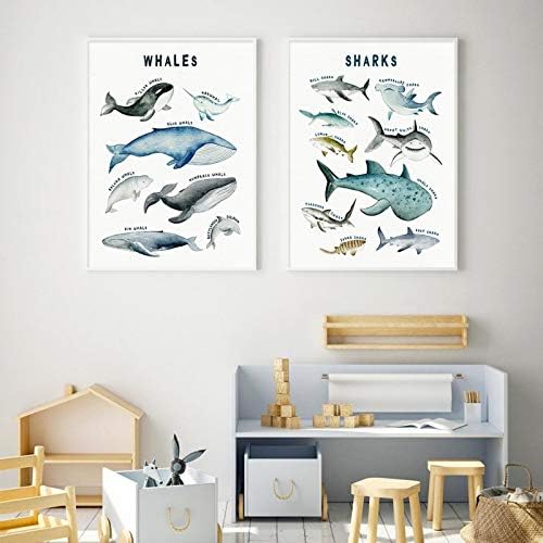 Отпечатоци Платно Сликарство Ѕид Уметност Слики Китови Ајкули Табела Постери Животни Расадник Отпечатоци За Деца Бебе Соба Декорација-2 парчиња