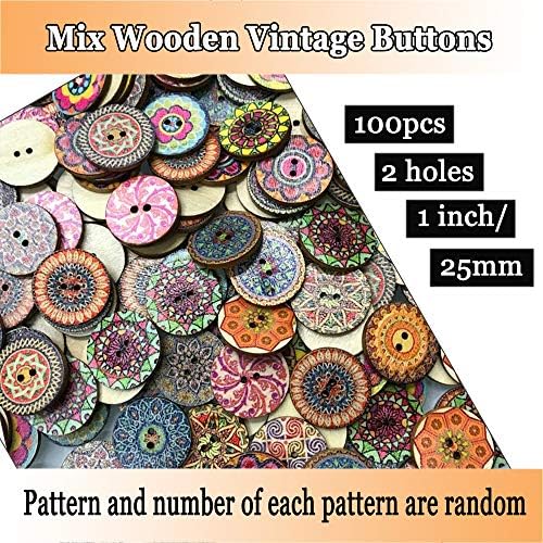 Копчиња за шиење, 100 парчиња копчиња од 1 инч големи копчиња од дрво за занаети измешани големи дрвени гроздобер собрани копчиња 2 дупки околу