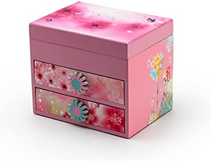 Розова дрвена цветна тема 18 белешка за балерина музичка кутија - многу песни за избор - сè е убаво