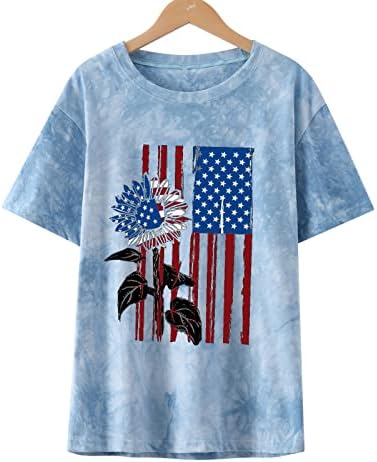 Американски маички со сончоглед на знамето, жени 4-ти јули Ден на независност на врвот на кратки ракави маички од врата летна блуза