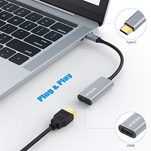 UFBOSS HDMI до USB C адаптер, Thunderbolt 3 компатибилен со MacBook Pro/Air 2019/2018, Samsung Galaxy S10/S9, Surface Book 2, Dell XPS 13/15