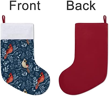 Црвен кардинал и гранки Божиќни чорапи за порибување на Божиќни дрвја Дедо Мраз што виси украси за одмор на камин 16,5 “