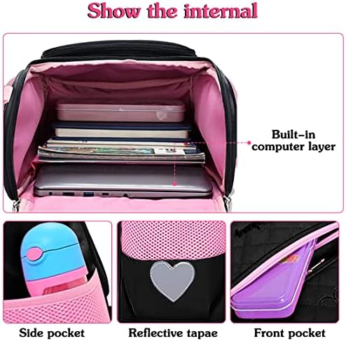 МАЛКУФЈ Cute Black Backpacks with Lunch Box for Teen Girls, Kids Backpack for Toddler Preschool Bookbags Elementary School Bags