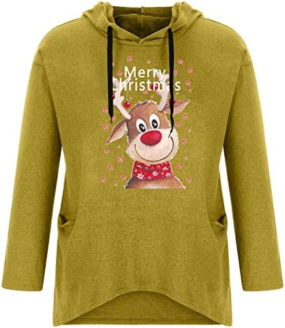 Дуксери за жени Симпатична Божиќна ирвас печати тенка долга ракав мачка уво пуловер со качулка со џебови со џебови