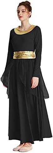 Hihcbf жени со долг ракав пофалби танцувачки фустан литургиски металик лента широко замав шифон здолниште Обожава лирски костум