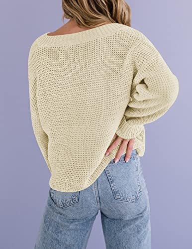 Мирол женски вафли плетенка исечен врвот v врат со долг ракав џемпер џемпер обични цврсти култури џемпери