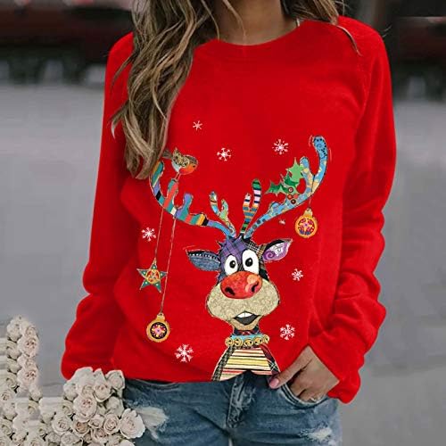 Божиќен џемпер за жени, екипаж за зимски печати Худи обичен лабав џемпер врвови со долги ракави кошула