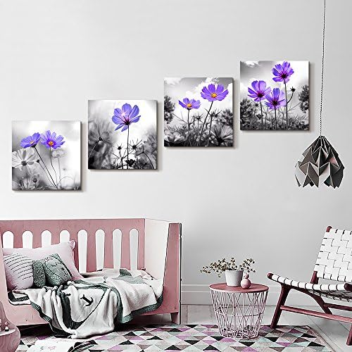 Платно wallидна уметност за спална соба црно -бел пејзаж виолетова цвеќиња бања wallид декор за кујнски уметнички дела 12 x 12 4 парчиња врамени