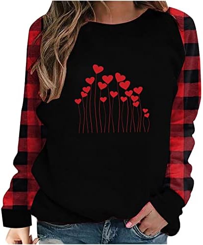 Loveубовни графички врвови на срцето за жени, женска мода крпеница симпатична биволска карирана долга ракав Туника пуловер врвови блуза