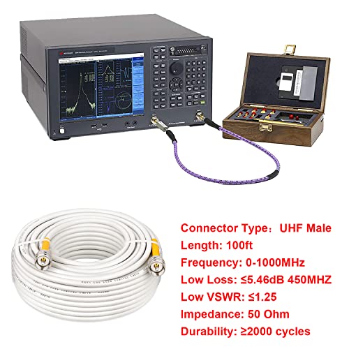 Coax кабел Mookeerf CB, 100ft RG8X коаксијален кабел PL259 Машки до машки, ПВЦ бела морска антена кабел UHF кабел CB антена за CB радио, HAM