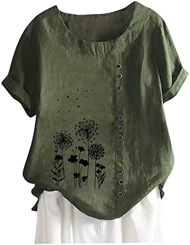 Womenените летни памучни постелнини врвови на врвови со цвеќиња со кратки ракави со кратки ракави, блуза плус големина случајна лабава