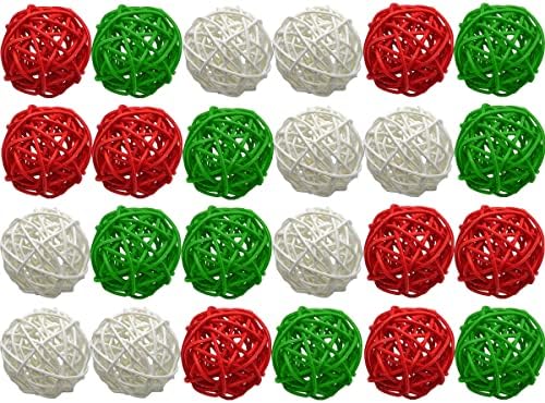 Tkejzu 24 парчиња 2 инчи црвено зелена бела ратан топки декоративни орбии плетени топки вазна филер занает DIY елка градина свадбена