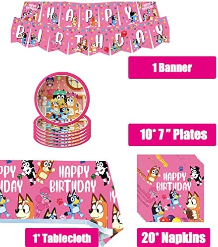 Пинк за забава за розови кучиња за роденден на деца, украси за цртани филмови со розови кучиња, вклучени банер, чинии, табели, салфетки за детски