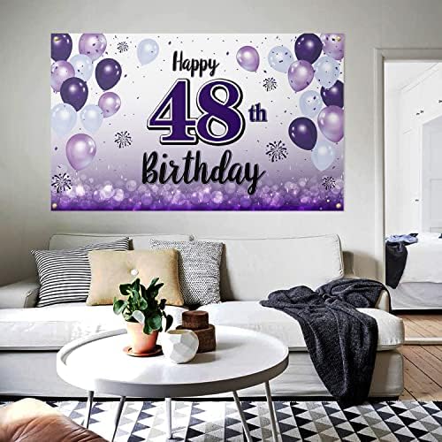 Ласкиер Среќен 48 -ти роденден Виолетова голема банер - навивања до 48 години роденденски домот wallид Фотопроп позадина, 48 -та роденденска