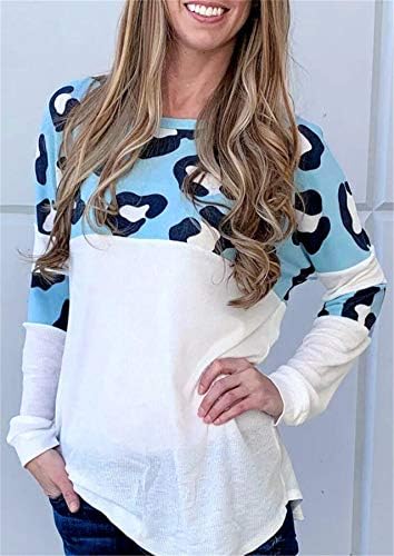 Andongnywel жени леопард печати врвови со обичен тркалезен врат пуловер џемпери на долги ракави блузици маица маица