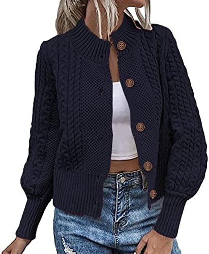 Кардиган за жени со џемпери со долг ракав копче надолу по бујни кабелски плетени цврсти кардигани отворени предни обични падови
