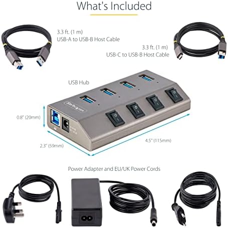 STARTECH 4-Port САМО-Напојуван USB-C Центар Со Индивидуални Прекинувачи За Вклучување/Исклучување, USB 3.0 5gbps Центар За Проширување w/Напојување,