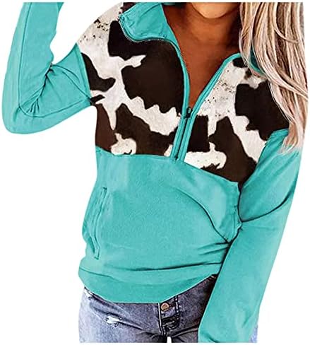 Zdfer Quarter Zip Pullover Women, џемпери за печатење кравјо печатење со долги ракави јакна на врвови со лебава облека за лабава палто