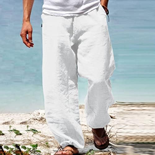 Машки обични панталони, машки обични памучни постелнини панталони, влечејќи еластична половината права плажа лабава јога панталони