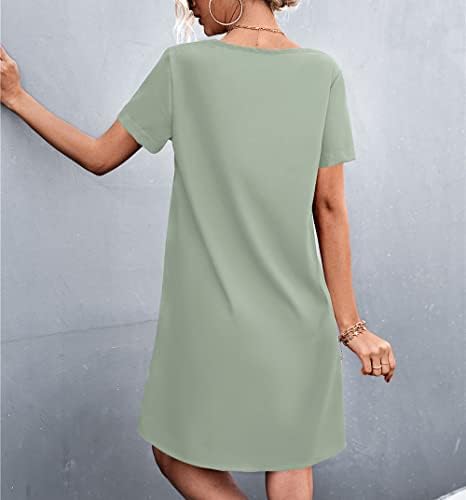 Onените V-вратот со кратки ракави фустани обична чипка крпеница обична лабава фит маица фустан летен туничен краток фустан