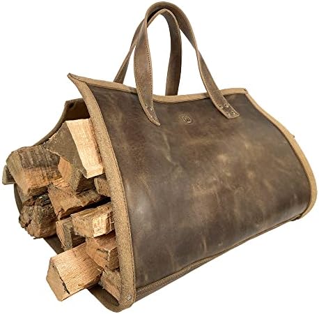 Алатка за скриј, носач на рустикален огревно дрво со рачки рачно изработен од кожа со цело зрно - торба за преклопување на лог, додатоци за