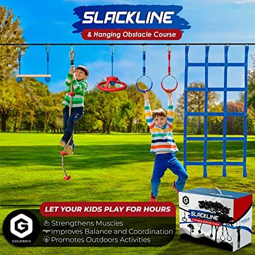 Ninja Slackline на Goldbrix Kid's Ninja Slackline 2x65 ft - Прилагодлив курс за висина за деца, поддржува 450 lb, 4,9 ft чувар на