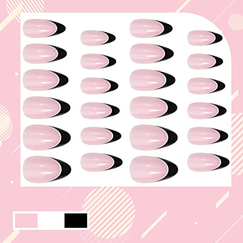 Artquee 24pcs Француски розов среден печат на нокти Сјајно бадемово облик лажен нокти уметност црна бела раб дизајнира вештачки лажни нокти