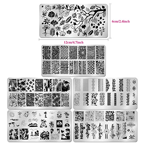 Плочи за печат на нокти WOKOTO 6PCS Поставени за алатки за уметност за нокти, цветни лисја плажа кокос дланка чипка чипка леопард печатење