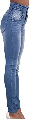 Womenените со висок пораст на копчето предни слаби фармерки, се протегаат класични обични тенок фит тексас панталони задникот