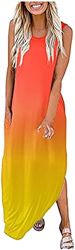 Фрагарни фустани за жени 2022 градиентен печатен резервоар фустан со џеб околу вратот на вратот Обичен лабав летен макси фустан