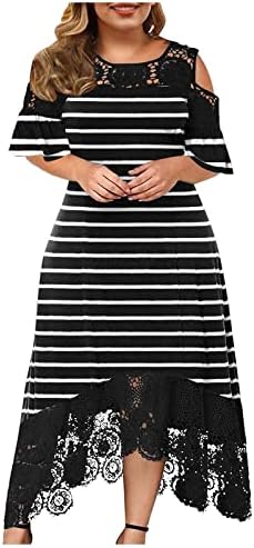Женски плус големина чипка ладно рамо фустан летен трендовски графички долги макси фустани лабава фустан за коктел за коктел