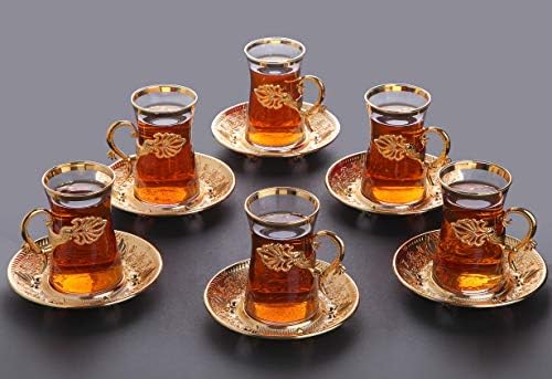 Ламодахоме Турски Сет За Чај/турски чаши за чај од 6 Со Држачи за сребро И Чинии - Фенси Гроздобер Рачно Изработен Стаклен Комплет За Чај,