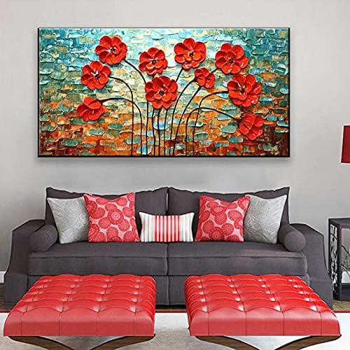 3Д густо масло црвено цвеќиња Слика за домашен wallиден декор рачно нацртано масло сликарство на платно wallидна уметност постер за спална соба