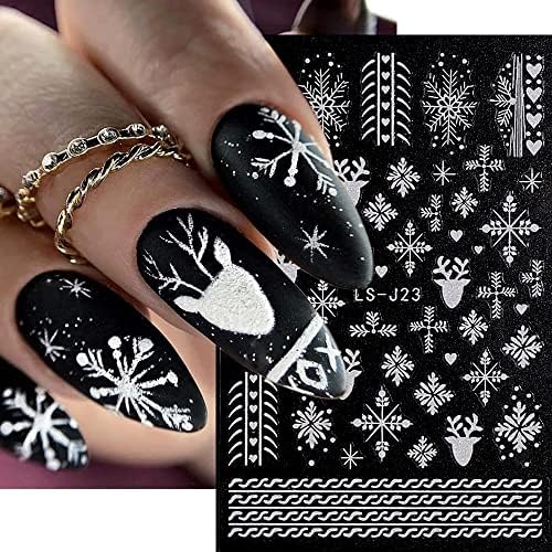 Божиќни налепници за уметност за нокти, бели снегулки за нокти на ноктите 3Д самолепливи сјајни снегулки елк срце француски зимски дизајн на