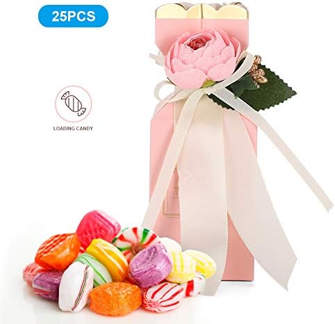 Wnvivi 25 парчиња Розова Кутија За Свадбени Бонбони,Кутија За Корист На Врвки Со Цвет Од Роза И Лента, Кутија За Чоколадо За Бонбони
