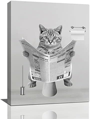 Бања wallидна уметност смешна бања декор мечка седење на тоалет читање весник за платно отпечатоци црно -бело бања слики за wallидни