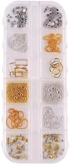 12 решетки/пакет повеќебојни сите различни форми ланци прстен метал 3Д столпчиња за нокти легура украси маникир DIY -