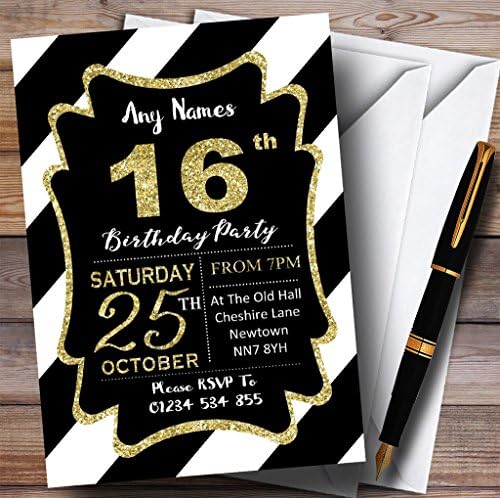 Црни бели дијагонални ленти злато 16 -ти персонализирани покани за роденденска забава