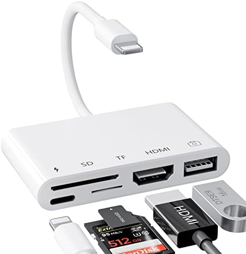 LXJTHT HDMI адаптер, SD/TF читач на картички, 5 во 1 USB адаптер за камера за iPhone, 1080p дигитален AV HDMI адаптер, компатибилен со iPhone