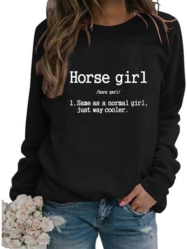 Коњи за џемпери за жени, долги ракави цветни коњи печати екипаж на вратот на вратот Обичен лабав пулвер врвови фарма фарма