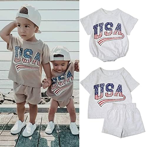 Детето бебе момче девојче 4 -ти јули облеки за новороденчиња преголеми САД ромпер кошули шорцеви американско знаме што одговара
