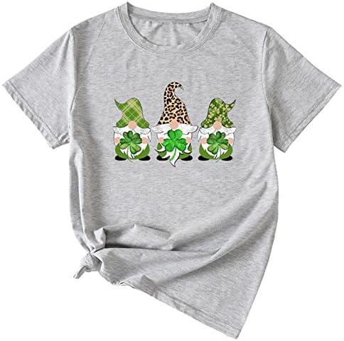 Смешна кошула на Денот на Свети Патрик за жени Грин Шамрок Графички кратки ракави Маши екипаж на вратот на вратот Обични врвови Гноми