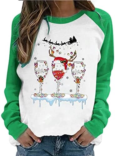 Narhbrg жени слатки Божиќни блузи Божиќни црвени вино стакло графички раглан кошула со долги ракави кошули во боја на џемпери на