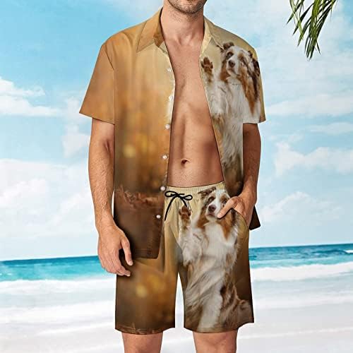 Weedkeycat австралиски овчарски овчари за мажи на плажа 2 парчиња Хавајско копче надолу со кошула Краток ракав и шорцеви
