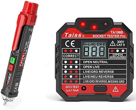 Taiss не-контактниот тестер за напон на напон со LED фенерче и тестер за излез на GFCI со напон дисплеј 48-250V Автоматски електричен